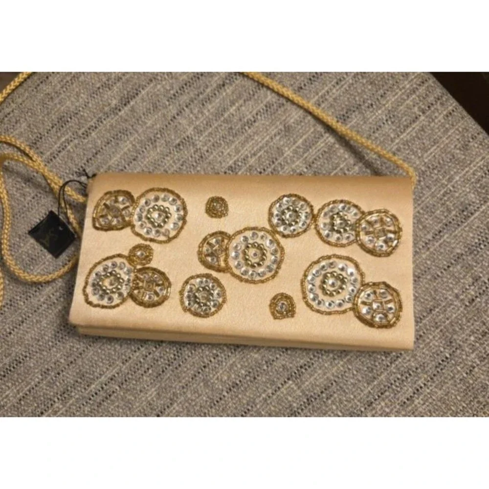 Yellow Satin Evening Clutch Wristlet Beaded Sequin Gold Hardware Formal Bag